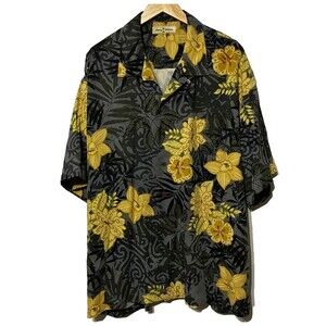 Tommy Bahama Hawaiian Charcoal Yellow Floral AOP Silk Camp Beach Shirt Men's XXL